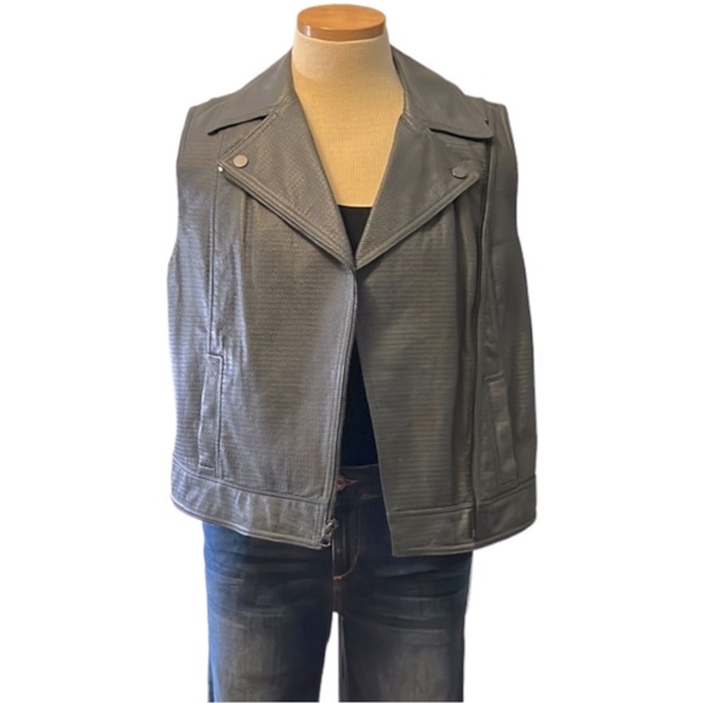 Vince Embossed Texture Leather Zip Moto Vest Gray Blue size Medium